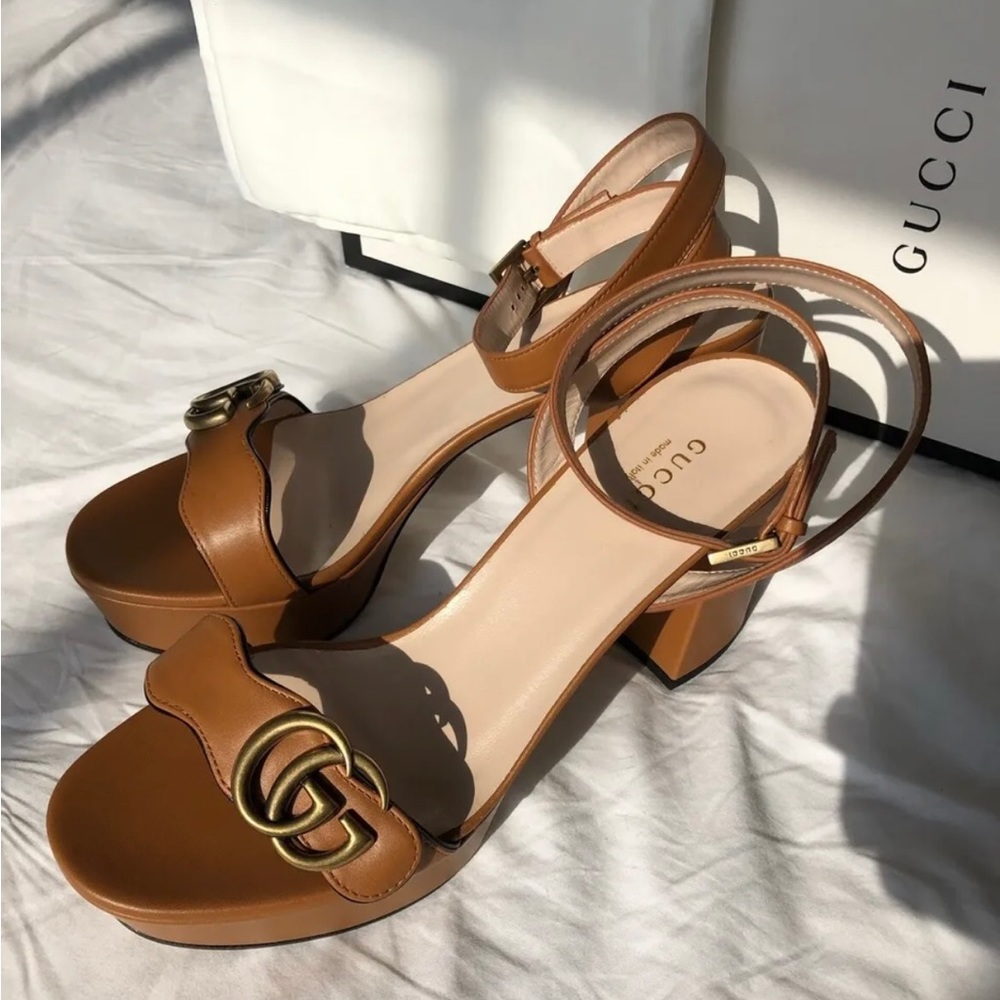 Gucci Calfskin GG Marmont Ankle Wrap Platform Sandals Size 38.5, New With Box